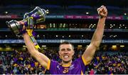 22 January 2023; Paul Mannion of Kilmacud Crokes celebrates with the Andy Merrigan Cup after his side's victory in the the AIB GAA Football All-Ireland Senior Club Championship Final match between Watty Graham's Glen of Derry and Kilmacud Crokes of Dublin at Croke Park in Dublin. Photo by Piaras Ó Mídheach/Sportsfile