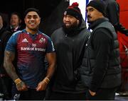 22 January 2023; Malakai Fekitoa of Munster, left, with Charlie Faumuina and Jerome Kaino of Toulouse after the Heineken Champions Cup Pool B Round 4 match between Toulouse and Munster at Stade Ernest Wallon in Toulouse, France. Photo by Brendan Moran/Sportsfile
