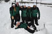 23 January 2023; Team Ireland from left, coach Georgia Esposito, skier Ethan Bouchard, communications manager Heather Boyle, skier Eábha McKenna, Chef de Mission Nancy Chillingworth, alpine skiing coach Giorgio Marchesini and Social Media and Communications Executive Kieran Jackson, centre, during a team walk before the 2023 Winter European Youth Olympic Festival at Friuli-Venezia Giulia in Udine, Italy. Photo by Eóin Noonan/Sportsfile