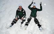 23 January 2023; Team Ireland alpine skiers Eábha McKenna and Ethan Bouchard during a team walk before the 2023 Winter European Youth Olympic Festival at Friuli-Venezia Giulia in Udine, Italy. Photo by Eóin Noonan/Sportsfile