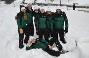 23 January 2023; Team Ireland from left, coach Georgia Esposito, skier Ethan Bouchard, communications manager Heather Boyle, skier Eábha McKenna, Chef de Mission Nancy Chillingworth, alpine skiing coach Giorgio Marchesini and Social Media and Communications Executive Kieran Jackson, centre, during a team walk before the 2023 Winter European Youth Olympic Festival at Friuli-Venezia Giulia in Udine, Italy. Photo by Eóin Noonan/Sportsfile