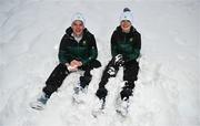 23 January 2023; Team Ireland alpine skiers Eábha McKenna and Ethan Bouchard during a team walk before the 2023 Winter European Youth Olympic Festival at Friuli-Venezia Giulia in Udine, Italy. Photo by Eóin Noonan/Sportsfile
