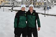 23 January 2023; Team Ireland skiers Eábha McKenna, left, and Ethan Bouchard during a team walk before the 2023 Winter European Youth Olympic Festival at Friuli-Venezia Giulia in Udine, Italy. Photo by Eóin Noonan/Sportsfile