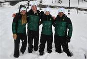 23 January 2023; Team Ireland, from left, coach Georgia Esposito, skier Ethan Bouchard, skier Eábha McKenna and alpine skiing coach Giorgio Marchesiniduring a team walk before the 2023 Winter European Youth Olympic Festival at Friuli-Venezia Giulia in Udine, Italy. Photo by Eóin Noonan/Sportsfile