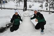 23 January 2023; Team Ireland skiers Eábha McKenna, left, and Ethan Bouchard during a team walk before the 2023 Winter European Youth Olympic Festival at Friuli-Venezia Giulia in Udine, Italy. Photo by Eóin Noonan/Sportsfile