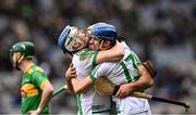 22 January 2023; Shamrocks Ballyhale players, from left, TJ Reid, Colin Fennelly and Eoin Kenneally, 13, celebrate after their side's victory in the AIB GAA Hurling All-Ireland Senior Club Championship Final match between Shamrocks Ballyhale of Kilkenny and Dunloy Cúchullain's of Antrim at Croke Park in Dublin. Photo by Piaras Ó Mídheach/Sportsfile