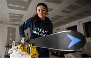 24 January 2023; Team Ireland alpine skier Eábha McKenna preparing her skis before the 2023 Winter European Youth Olympic Festival at Friuli-Venezia Giulia in Udine, Italy. Photo by Eóin Noonan/Sportsfile