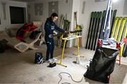 24 January 2023; Team Ireland alpine skier Eábha McKenna preparing her skis before the 2023 Winter European Youth Olympic Festival at Friuli-Venezia Giulia in Udine, Italy. Photo by Eóin Noonan/Sportsfile