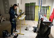 24 January 2023; Team Ireland alpine skier Eábha McKenna preparing her skis before the 2023 Winter European Youth Olympic Festival at Friuli-Venezia Giulia in Udine, Italy. Photo by Eóin Noonan/Sportsfile