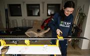 24 January 2023; Team Ireland alpine skier Eábha McKenna preparing her skis before the 2023 Winter European Youth Olympic Festival at Friuli-Venezia Giulia in Udine, Italy. Photo by Eóin Noonan/Sportsfile