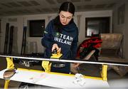 24 January 2023; Team Ireland alpine skier Eábha McKenna preparing her skis before the 2023 Winter European Youth Olympic Festival at Friuli-Venezia Giulia in Udine, Italy. Photo by Eóin Noonan/Sportsfile