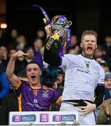 22 January 2023; Kilmacud Crokes goalkeeper Conor Ferris lifts the Tommy Moore Cup after the AIB GAA Football All-Ireland Senior Club Championship Final match between Watty Graham's Glen of Derry and Kilmacud Crokes of Dublin at Croke Park in Dublin. Photo by Ramsey Cardy/Sportsfile