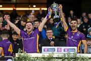22 January 2023; Tom Fox, left, and Ben Shovlin of Kilmacud Crokes lift the Andy Merrigan Cup after the AIB GAA Football All-Ireland Senior Club Championship Final match between Watty Graham's Glen of Derry and Kilmacud Crokes of Dublin at Croke Park in Dublin. Photo by Ramsey Cardy/Sportsfile