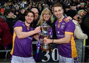 22 January 2023; Andrew McGowan, left, with his brother, Ross McGowan of Kilmacud Crokes and their Mum Anne after the AIB GAA Football All-Ireland Senior Club Championship Final match between Watty Graham's Glen of Derry and Kilmacud Crokes of Dublin at Croke Park in Dublin. Photo by Ramsey Cardy/Sportsfile