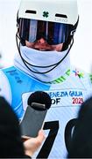 24 January 2023; Ethan Bouchard of Team Ireland is interviewed after his first run in the boys slalom event during day one of the 2023 Winter European Youth Olympic Festival at Friuli-Venezia Giulia in Udine, Italy. Photo by Eóin Noonan/Sportsfile