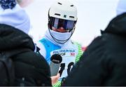 24 January 2023; Ethan Bouchard of Team Ireland is interviewed after his first run in the boys slalom event during day one of the 2023 Winter European Youth Olympic Festival at Friuli-Venezia Giulia in Udine, Italy. Photo by Eóin Noonan/Sportsfile