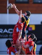 24 January 2023; Hugh Quigley of CUS and Simon Cantwell of St Fintans High School battle for possession in a line-out during the Bank of Ireland Vinnie Murray Cup Semi-Final match between St Fintans High School and CUS at Energia Park in Dublin. Photo by Tyler Miller/Sportsfile