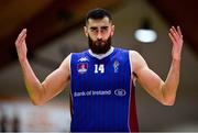 21 January 2023; Rodrigo Gomez of University of Galway Maree encourages the University of Galway Maree supporters during the Basketball Ireland Pat Duffy National Cup Final match between DBS Éanna and University of Galway Maree at National Basketball Arena in Tallaght, Dublin. Photo by Ben McShane/Sportsfile