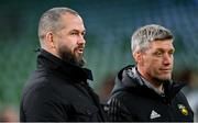 17 December 2022; Ireland head coach Andy Farrell, left, and La Rochelle head coach Ronan O'Gara before the Heineken Champions Cup Pool B Round 2 match between Ulster and La Rochelle at Aviva Stadium in Dublin. Photo by Ramsey Cardy/Sportsfile