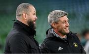 17 December 2022; La Rochelle head coach Ronan O'Gara, right, and Ireland head coach Andy Farrell before the Heineken Champions Cup Pool B Round 2 match between Ulster and La Rochelle at Aviva Stadium in Dublin. Photo by Ramsey Cardy/Sportsfile