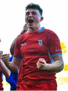 24 January 2023; Hugh Quigley of CUS celebrates after his side's victory in the Bank of Ireland Vinnie Murray Cup Semi-Final match between St Fintans High School and CUS at Energia Park in Dublin. Photo by Tyler Miller/Sportsfile