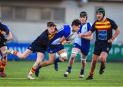 24 January 2023; Francis Manzocchi of St Andrew's College in action against Ollie Barr of Temple Carrig during the Bank of Ireland Vinnie Murray Cup Semi-Final match between Temple Carrig and St Andrews College at Energia Park in Dublin. Photo by Tyler Miller/Sportsfile