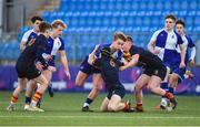 24 January 2023; Rocco Hill of St Andrew's College in action against Nathan Griffiths of Temple Carrig during the Bank of Ireland Vinnie Murray Cup Semi-Final match between Temple Carrig and St Andrews College at Energia Park in Dublin. Photo by Tyler Miller/Sportsfile