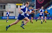 24 January 2023; Harry Machesney of St Andrew's College on his way to scoring his side's first try during the Bank of Ireland Vinnie Murray Cup Semi-Final match between Temple Carrig and St Andrews College at Energia Park in Dublin. Photo by Tyler Miller/Sportsfile