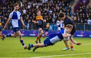 24 January 2023; Harry Machesney of St Andrew's College dives over to score his side's first try during the Bank of Ireland Vinnie Murray Cup Semi-Final match between Temple Carrig and St Andrews College at Energia Park in Dublin. Photo by Tyler Miller/Sportsfile