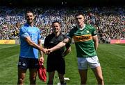 10 July 2022; James McCarthy of Dublin and Seán O'Shea of Kerry with referee patrick Neilan before the GAA Football All-Ireland Senior Championship Semi-Final match between Dublin and Kerry at Croke Park in Dublin. Photo by Ray McManus/Sportsfile