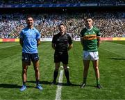 10 July 2022; James McCarthy of Dublin and Seán O'Shea of Kerry with referee Patrick Neilan before the GAA Football All-Ireland Senior Championship Semi-Final match between Dublin and Kerry at Croke Park in Dublin. Photo by Ray McManus/Sportsfile