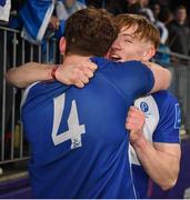 24 January 2023; Thomas Ryan, left, and Karl Deegan of St Andrew's College celebrate after their side's victory in the Bank of Ireland Vinnie Murray Cup Semi-Final match between Temple Carrig and St Andrews College at Energia Park in Dublin. Photo by Tyler Miller/Sportsfile