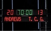 24 January 2023; The scoreboard shows the final score after the Bank of Ireland Vinnie Murray Cup Semi-Final match between Temple Carrig and St Andrews College at Energia Park in Dublin. Photo by Tyler Miller/Sportsfile
