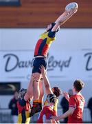 24 January 2023; Robert Harvey of St Fintans High School wins possession in a line-out during the Bank of Ireland Vinnie Murray Cup Semi-Final match between St Fintans High School and CUS at Energia Park in Dublin. Photo by Tyler Miller/Sportsfile