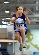 21 January 2023; Nessa Donoghue of Lusk AC, Dublin, competes in the long jump event of the juvenile pentathlon during day one of the 123.ie National Indoor Combined Events at the TUS International arena in Athlone, Westmeath. Photo by Sam Barnes/Sportsfile