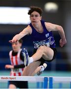 21 January 2023; Cillín Hoey of Emo/Rath AC, competes in the 60m hurdles event of the juvenile pentathlon during day one of the 123.ie National Indoor Combined Events at the TUS International arena in Athlone, Westmeath. Photo by Sam Barnes/Sportsfile