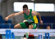 21 January 2023; Ger Cremin of An Ríocht AC, Kerry, competes in the 60m hurdles event of the master men's pentathlon during day one of the 123.ie National Indoor Combined Events at the TUS International arena in Athlone, Westmeath. Photo by Sam Barnes/Sportsfile