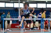 21 January 2023; Kevin Byrne of Dundrum South Dublin AC, competes in the 60m hurdles event of the master men's pentathlon during day one of the 123.ie National Indoor Combined Events at the TUS International arena in Athlone, Westmeath. Photo by Sam Barnes/Sportsfile