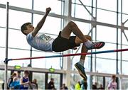 21 January 2023; Harry Alexander of Crusaders AC, Dublin, competes in the high jump event of the juvenile pentathlon during day one of the 123.ie National Indoor Combined Events at the TUS International arena in Athlone, Westmeath. Photo by Sam Barnes/Sportsfile