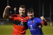 25 January 2023; UCC players Briain Murphy, left, and Dylan Foley celebrate after their side's victory in the penalty shoot-out of the HE GAA Sigerson Cup Round 3 match between University College Cork and Queen's University Belfast at the GAA National Games Development Centre in Abbotstown, Dublin. Photo by Piaras Ó Mídheach/Sportsfile