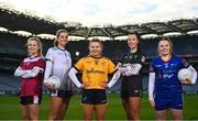 26 January 2023; In attendance at Croke Park, Dublin, to launch the 2023 Yoplait Ladies HEC third-level Ladies Football Championships are footballers, from left, Hannah Noone of University of Galway, Aisling Reidy of University of Limerick, Bláithín Bogue of Queen's University Belfast, Aoife Farrell of DCU Dóchas Éireann and Elaine Ni Niadh of ATU. Yoplait Ireland, the 'Official Yogurt of the LGFA' has confirmed a second year of partnership with the Ladies Gaelic Football Association. Yoplait Ireland will continue to sponsor the Higher Education Committee (HEC) third-level championships in 2023. Photo by David Fitzgerald/Sportsfile