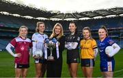 26 January 2023; In attendance at Croke Park, Dublin, to launch the 2023 Yoplait Ladies HEC third-level Ladies Football Championships are Deirdre Lowry, Yoplait Ireland Brand Manager, centre, alongside footballers, from left, Hannah Noone of University of Galway, Aisling Reidy of University of Limerick, Bláithín Bogue of Queen's University Belfast, Aoife Farrell of DCU Dóchas Éireann and Elaine Ni Niadh of ATU. Yoplait Ireland, the 'Official Yogurt of the LGFA' has confirmed a second year of partnership with the Ladies Gaelic Football Association. Yoplait Ireland will continue to sponsor the Higher Education Committee (HEC) third-level championships in 2023. Photo by David Fitzgerald/Sportsfile