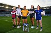 26 January 2023; In attendance at Croke Park, Dublin, to launch the 2023 Yoplait Ladies HEC third-level Ladies Football Championships are footballers, from left, Hannah Noone of University of Galway, Aisling Reidy of University of Limerick, Bláithín Bogue of Queen's University Belfast, Aoife Farrell of DCU Dóchas Éireann and Elaine Ni Niadh of ATU. Yoplait Ireland, the 'Official Yogurt of the LGFA' has confirmed a second year of partnership with the Ladies Gaelic Football Association. Yoplait Ireland will continue to sponsor the Higher Education Committee (HEC) third-level championships in 2023. Photo by David Fitzgerald/Sportsfile