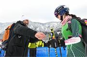 26 January 2023; Eábha McKenna of Ireland with Team Ireland alpine skiing coach Giorgio Marchesini after competing in the girls giant slalom event during day three of the 2023 Winter European Youth Olympic Festival at Friuli-Venezia Giulia in Udine, Italy. Photo by Eóin Noonan/Sportsfile