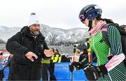 26 January 2023; Eábha McKenna of Ireland with Team Ireland alpine skiing coach Giorgio Marchesini after competing in the girls giant slalom event during day three of the 2023 Winter European Youth Olympic Festival at Friuli-Venezia Giulia in Udine, Italy. Photo by Eóin Noonan/Sportsfile