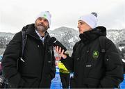 26 January 2023; Team Ireland alpine skiing coach Giorgio Marchesini speaking to Social Media and Communications Executive Kieran Jackson after the girls giant slalom event during day three of the 2023 Winter European Youth Olympic Festival at Friuli-Venezia Giulia in Udine, Italy. Photo by Eóin Noonan/Sportsfile