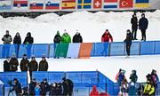 26 January 2023; Team Ireland, from left, Chef de Mission Nancy Chillingworth, communications manager Heather Boyle and social media and communications executive Kieran Jackson  the girls giant slalom event during day three of the 2023 Winter European Youth Olympic Festival at Friuli-Venezia Giulia in Udine, Italy. Photo by Eóin Noonan/Sportsfile