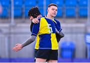 26 January 2023; Charlie Croke of CBS Naas celebrates with teammate Max Kavanagh, 5, after scoring a try during the Bank of Ireland Fr Godfrey Cup Semi-Final match between CBS Naas and Presentation College Bray at Energia Park in Dublin. Photo by Ben McShane/Sportsfile