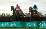 26 January 2023; Carefully Selected, right, with Paul Townend up, jumps the last on their way to winning the Goffs Thyestes Handicap Steeplechase, from second place Dunboyne, left, with Sam Ewing up, at Gowran Park in Kilkenny. Photo by Seb Daly/Sportsfile