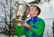 26 January 2023; Jockey Paul Townend with the trophy after winning the Goffs Thyestes Handicap Steeplechase on Carefully Selected at Gowran Park in Kilkenny. Photo by Seb Daly/Sportsfile